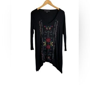 Soft Surroundings Embroidered Jersey Knit V Neck Tunic Black Long Sleeve Sz S